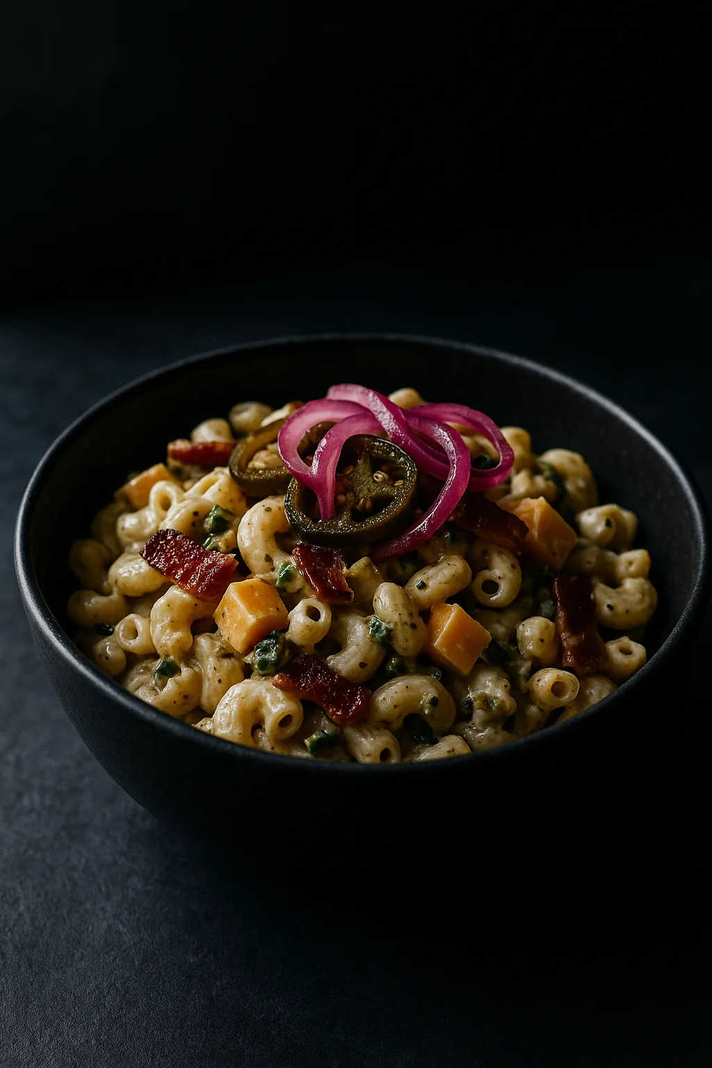 Moody editorial hero of roasted jalapeño macaroni salad in a matte black bowl with cheddar cubes, bacon, roasted jalapeños, and pickled red onions on a dark slate surface.