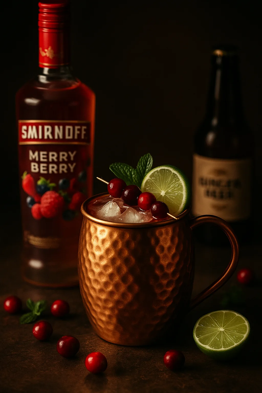 Smirnoff Merry Berry Mule in a copper mug with lime, mint, and cranberries, surrounded by ginger beer and vodka on a rustic table.
