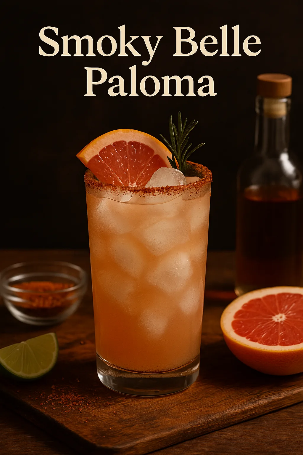 Smoky Belle Paloma cocktail with grapefruit wedge and rosemary sprig, smoky-spicy rim, and fresh ingredients styled in warm cinematic lighting.
