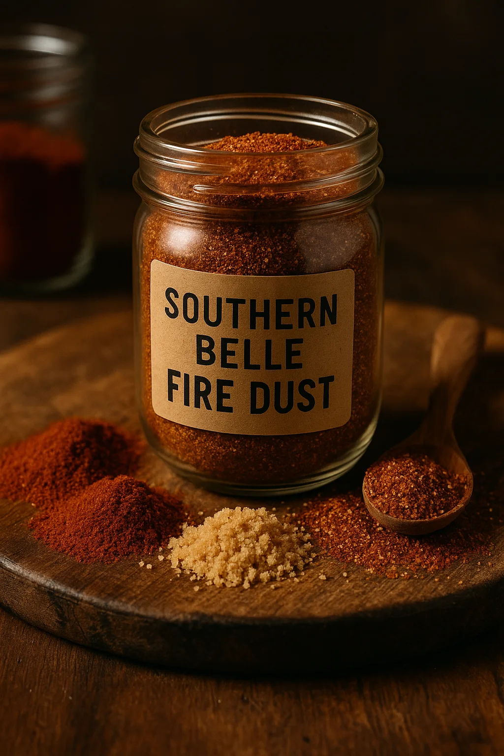 Mason jar filled with Nashville hot spice blend on a rustic wooden cutting board, surrounded by paprika, brown sugar, and cayenne pepper in warm cinematic lighting.