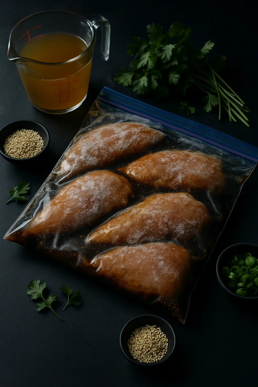 Moody editorial prep shot of frozen soy–ginger chicken in a freezer bag with broth, sesame seeds, green onions, and cilantro on dark slate