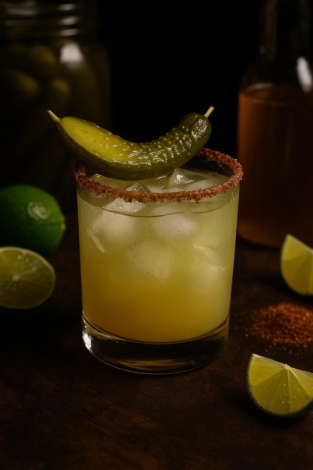 pickle margarita in a glass with a Southern Belle Fire Dust rim, garnished with a pickle spear and surrounded by fresh limes and hot honey