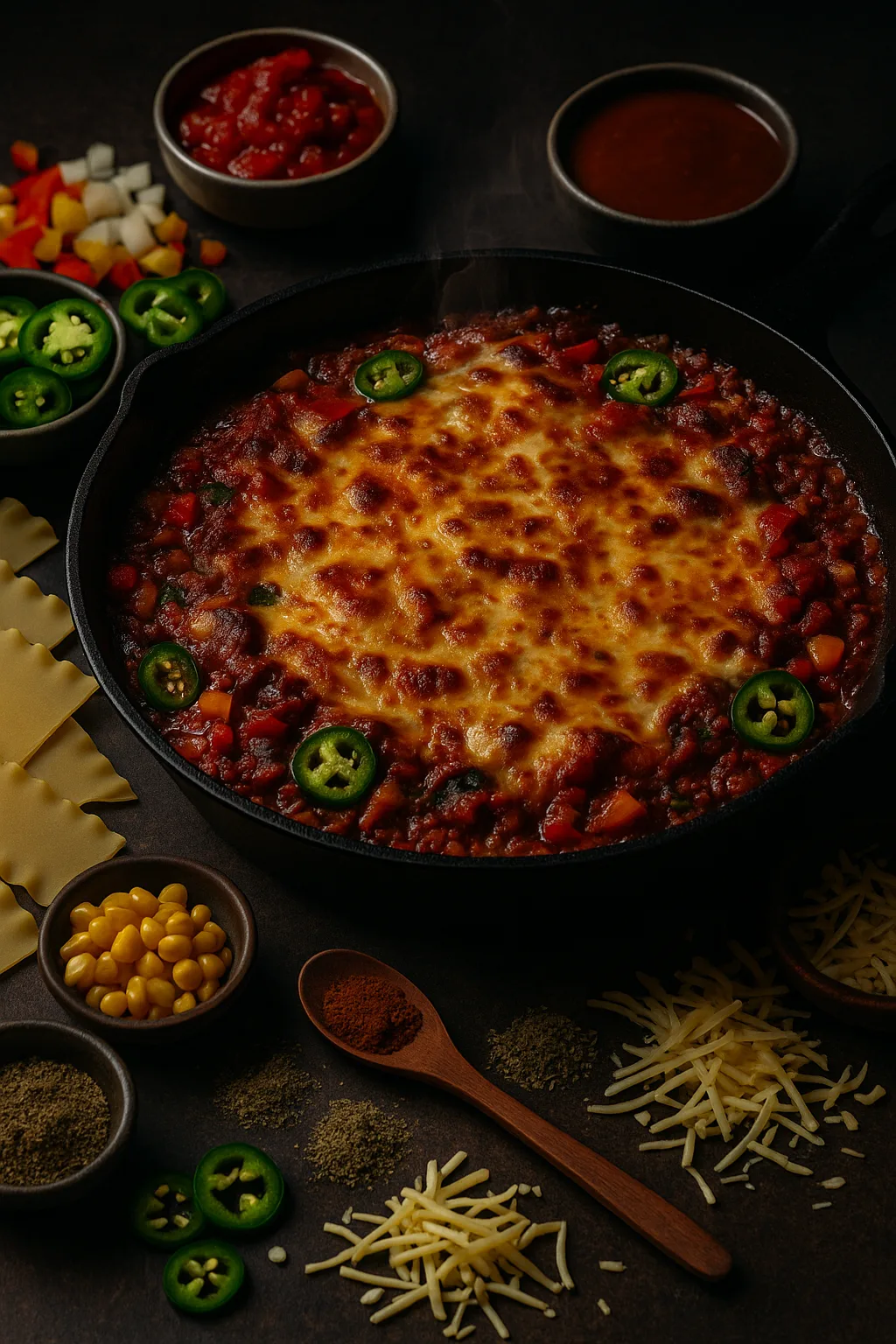 Spicy skillet lasagna with melted golden cheese in a cast iron skillet, surrounded by fresh peppers, corn, jalapeño slices, and spices