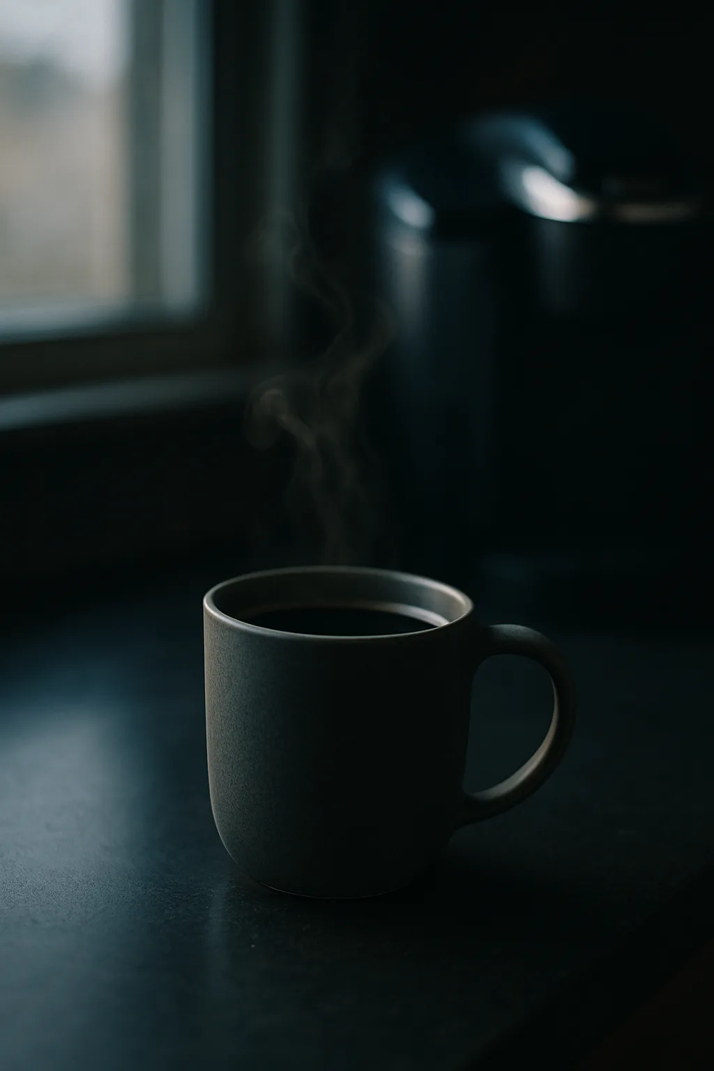 A cinematic moody shot of a steaming coffee mug on a dark slate counter with soft natural window light and a blurred Keurig machine in the background.