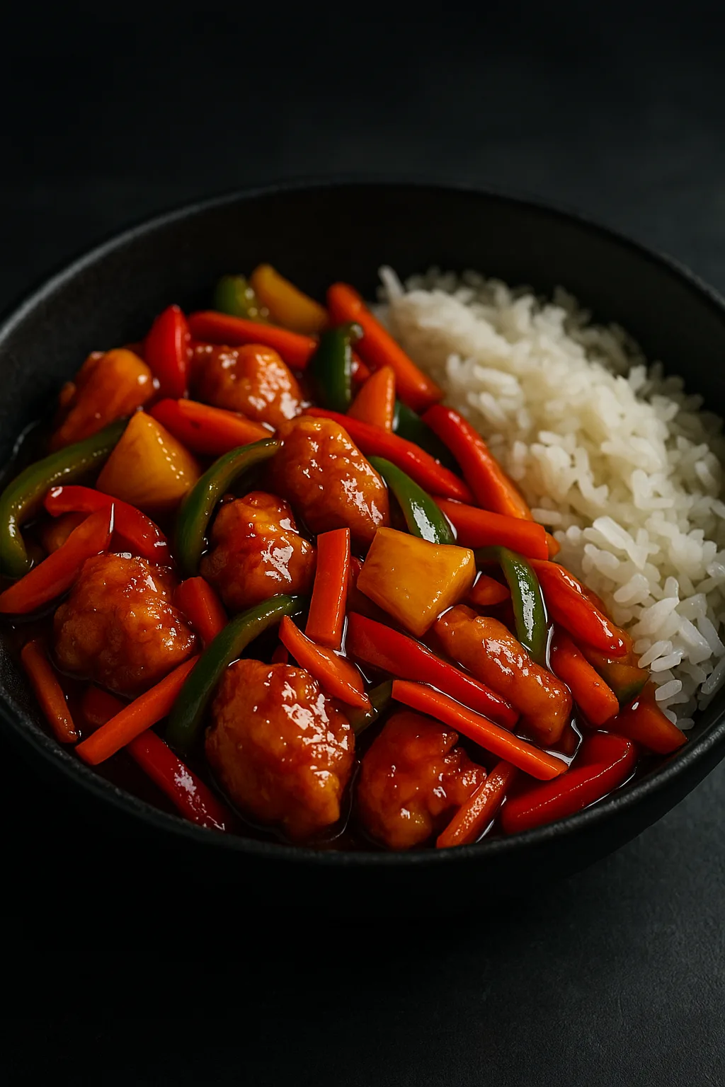 sweet and sour pineapple chicken recipe served in a black ceramic bowl with glossy sauce and rice