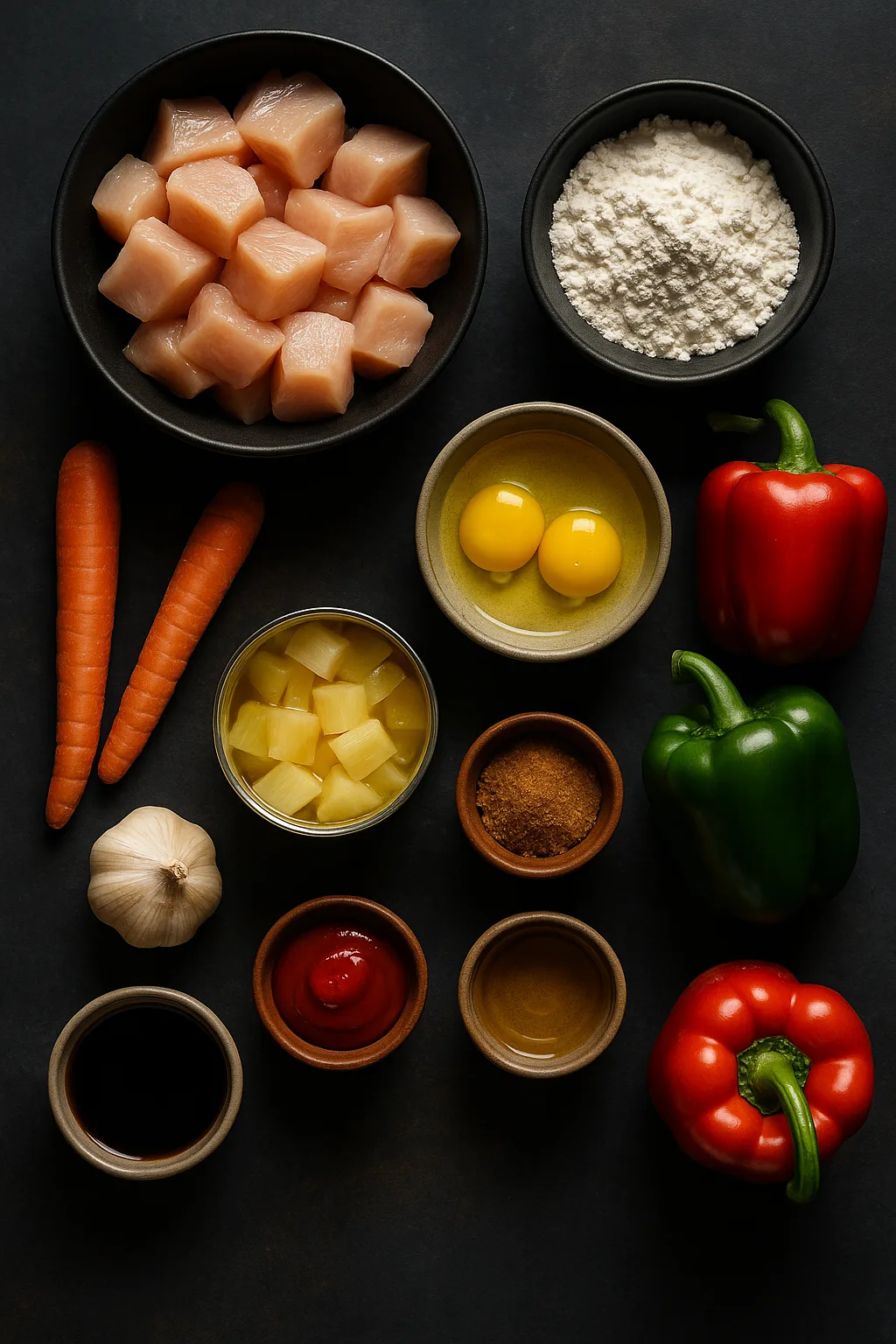 ingredients for sweet and sour pineapple chicken recipe arranged flat lay on dark slate