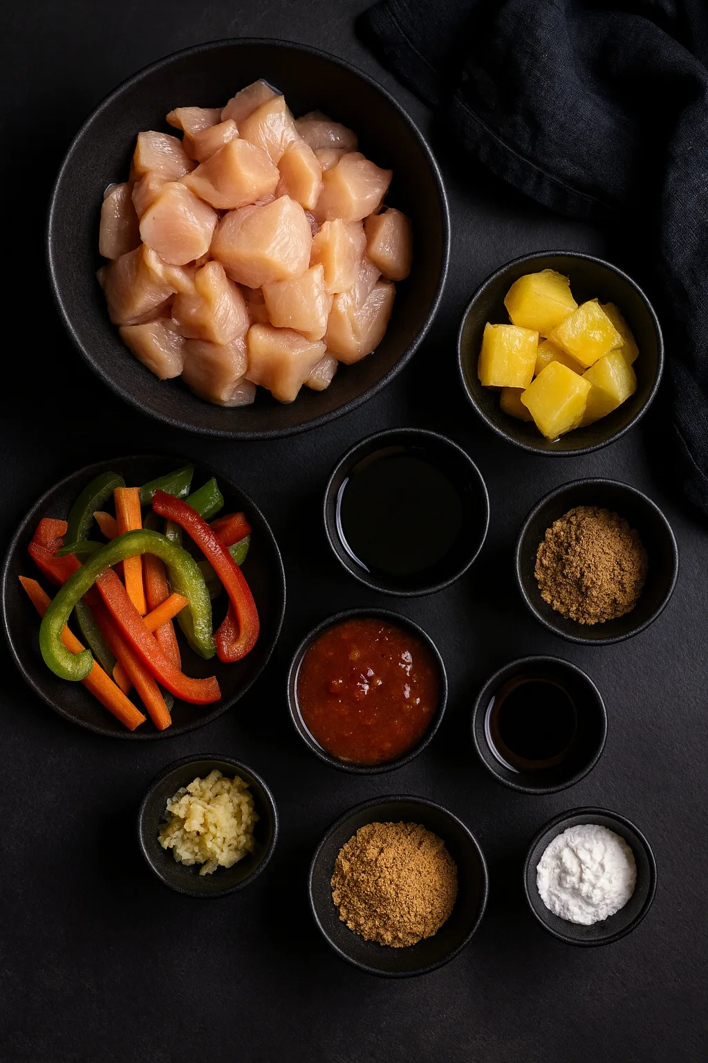 Ingredients for sweet and spicy pineapple chicken with rice arranged in black bowls on a dark slate background