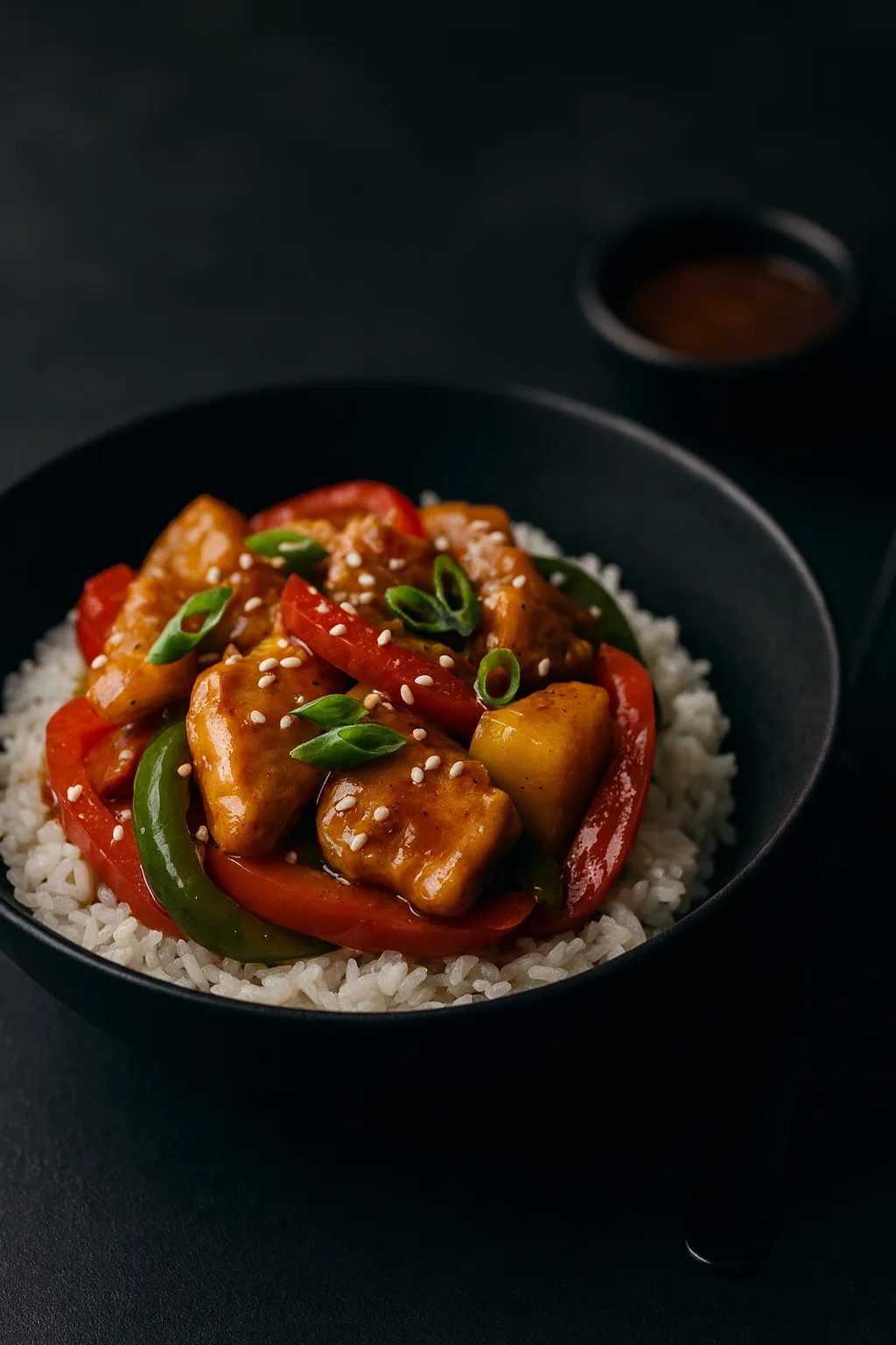 Sweet and spicy pineapple chicken with rice served in a matte black bowl, topped with sesame seeds and sliced green onions