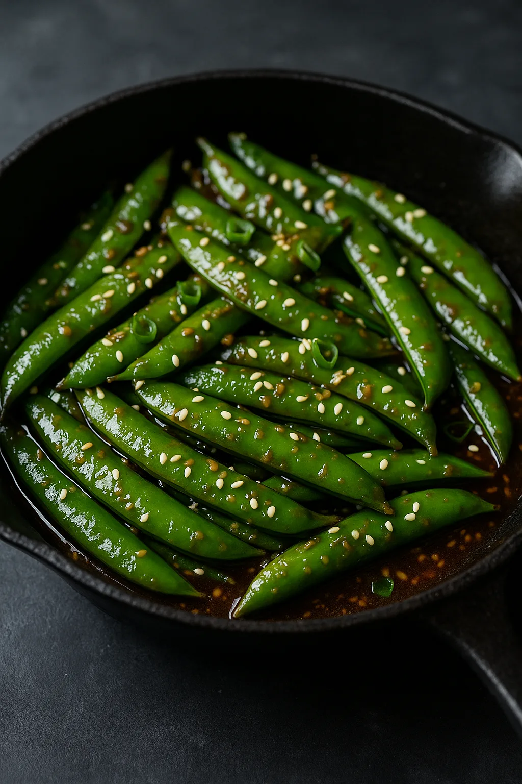 Sweet ginger garlic snap peas with glossy sesame sauce in a dark skillet