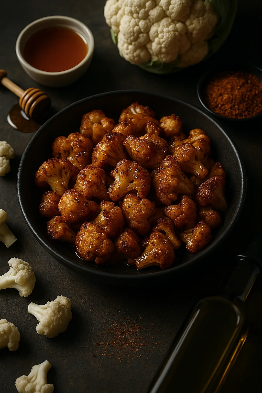 Sweet Heat Cauli-Pop Bites in a black bowl surrounded by hot honey, seasoning, and fresh cauliflower on a dark background with cinematic lighting
