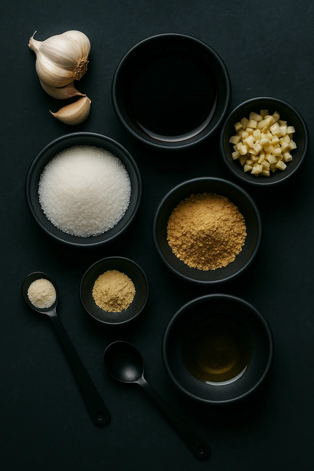 Flat lay of teriyaki kabob marinade ingredients in matte black bowls on dark slate background