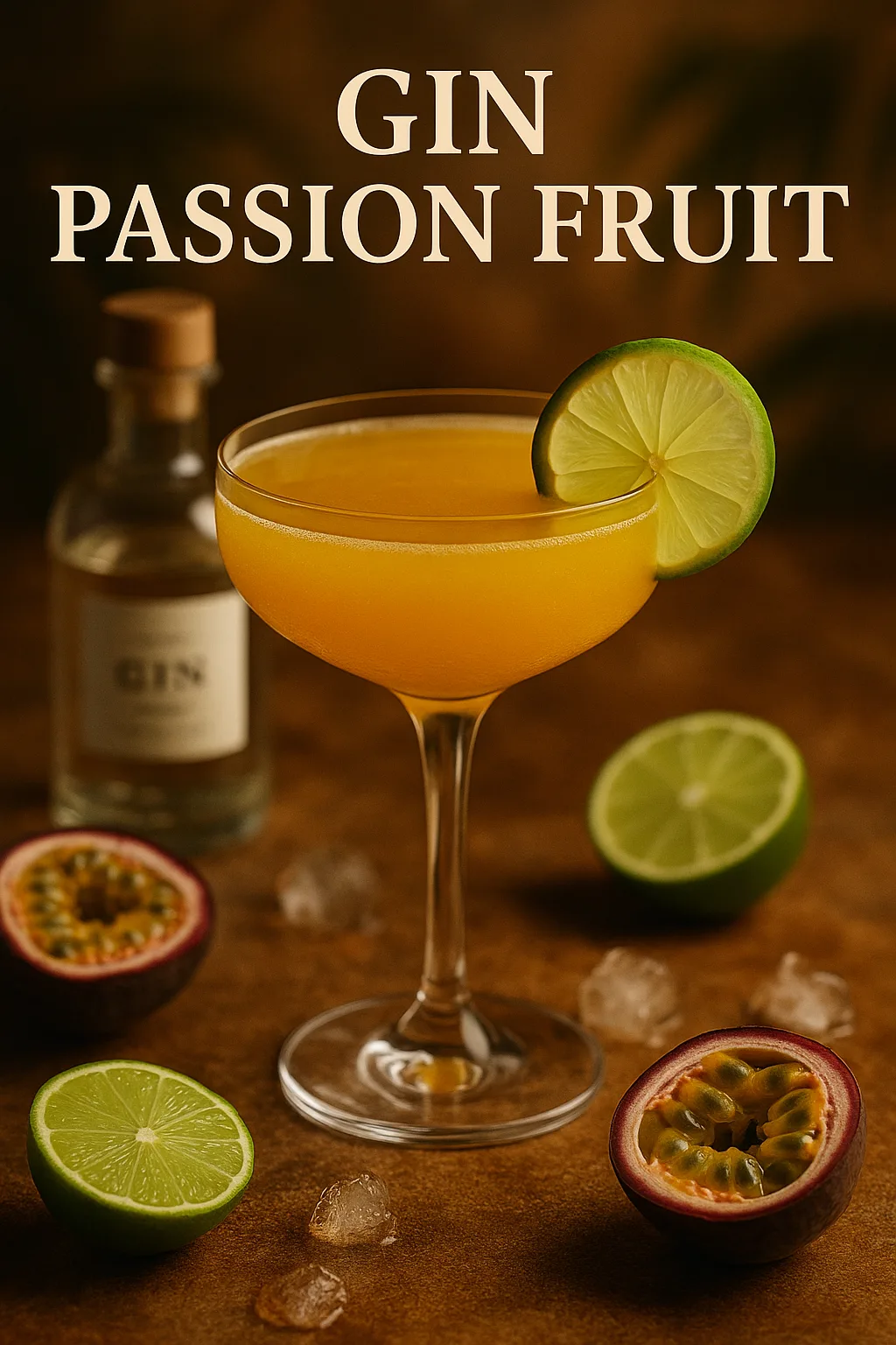 Bright tropical gin passion fruit cocktail in a coupe glass with lime garnish, surrounded by fresh passion fruit and lime halves in warm cinematic lighting.