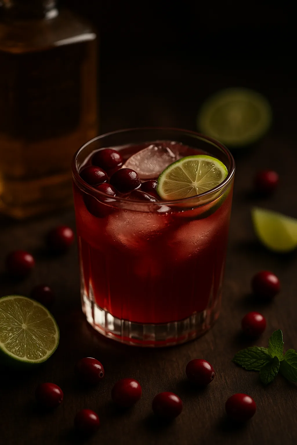 Glass of Ungava Gin Cranberry Lime Cocktail with lime and cranberries