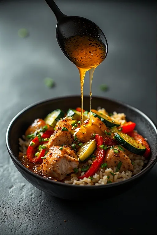 Honey Lime Chili Chicken & Veggies served in matte black ceramic bowl on dark slate table with rice and sauce