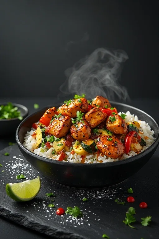 Air Fryer Honey-Lime Chili Chicken & Veggies served in matte black bowl on dark slate table