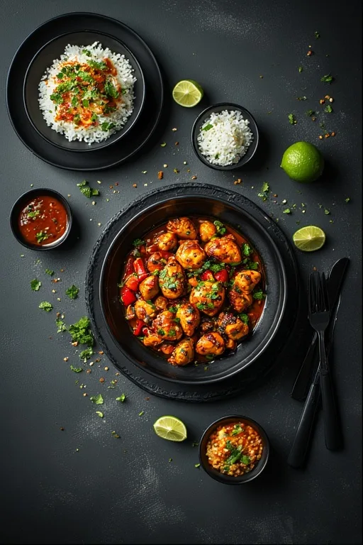Ingredients for Air Fryer Honey-Lime Chili Chicken & Veggies flat lay on dark slate with rice
