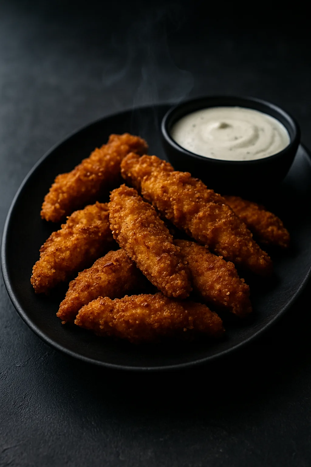 Air fryer chicken tenders served on a matte black platter with ranch dip on a dark slate table