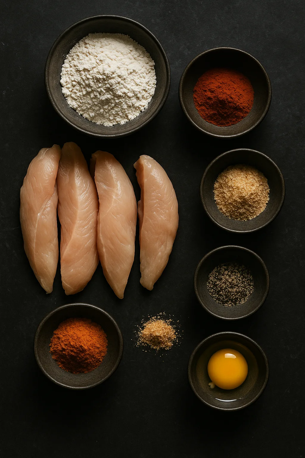 Overhead flat lay of raw chicken tenders with flour, paprika, seasoned salt, black pepper, and egg on a dark slate surface