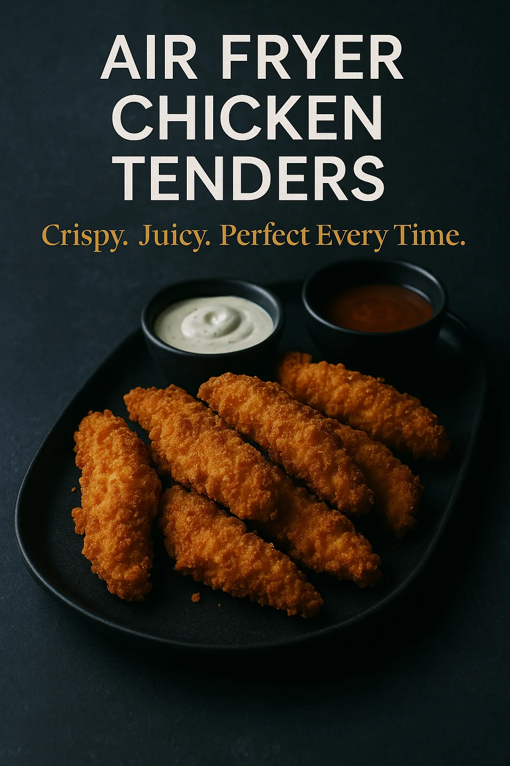 Editorial magazine cover featuring air fryer chicken tenders on a matte black platter with dipping sauces on a dark slate surface