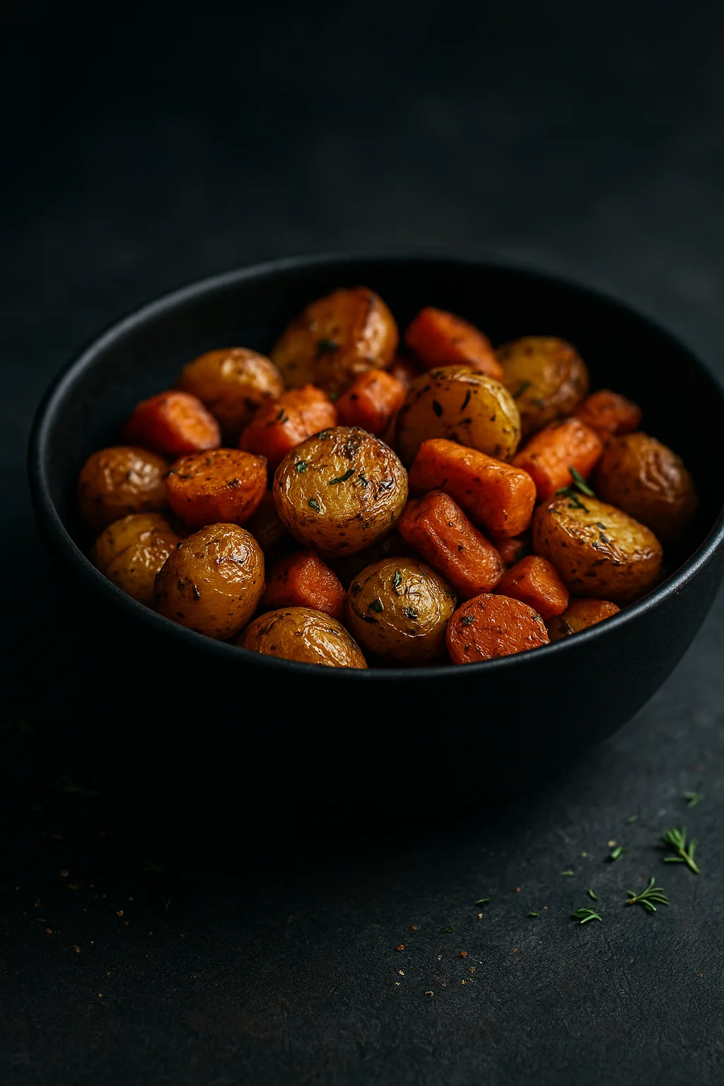 Golden crispy air fryer mini potatoes and carrots in matte black ceramic bowl on dark slate tabletop