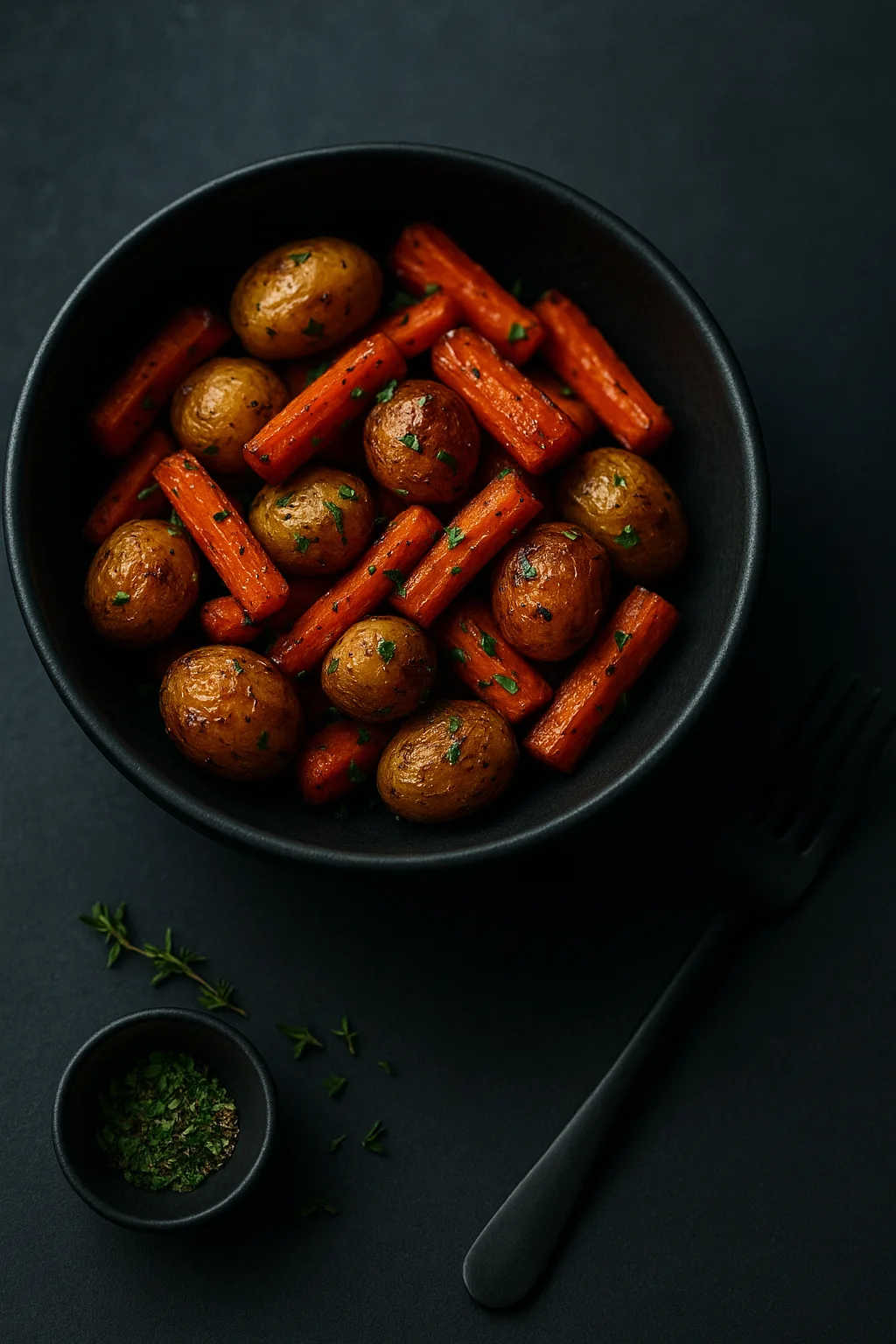 Rustic serving bowl of crispy roasted air fryer mini potatoes and carrots with fresh herbs  