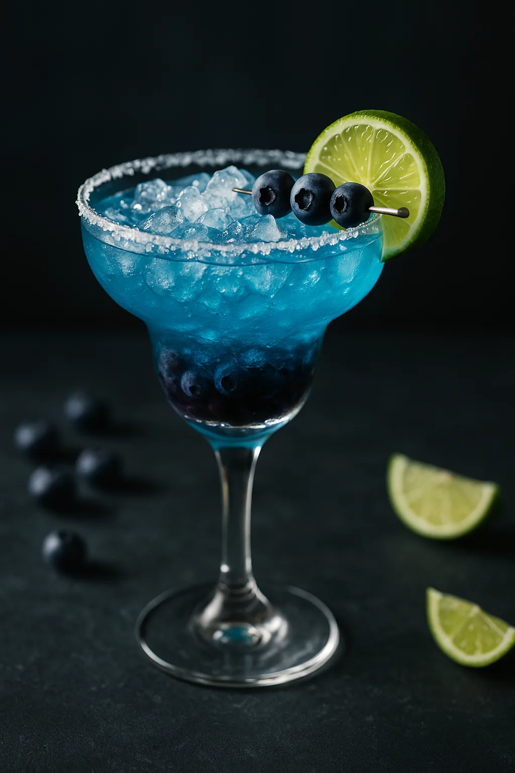 Moody cinematic hero image of a Blueberry Blitz Margarita cocktail with lime wheel and blueberries on a dark slate surface