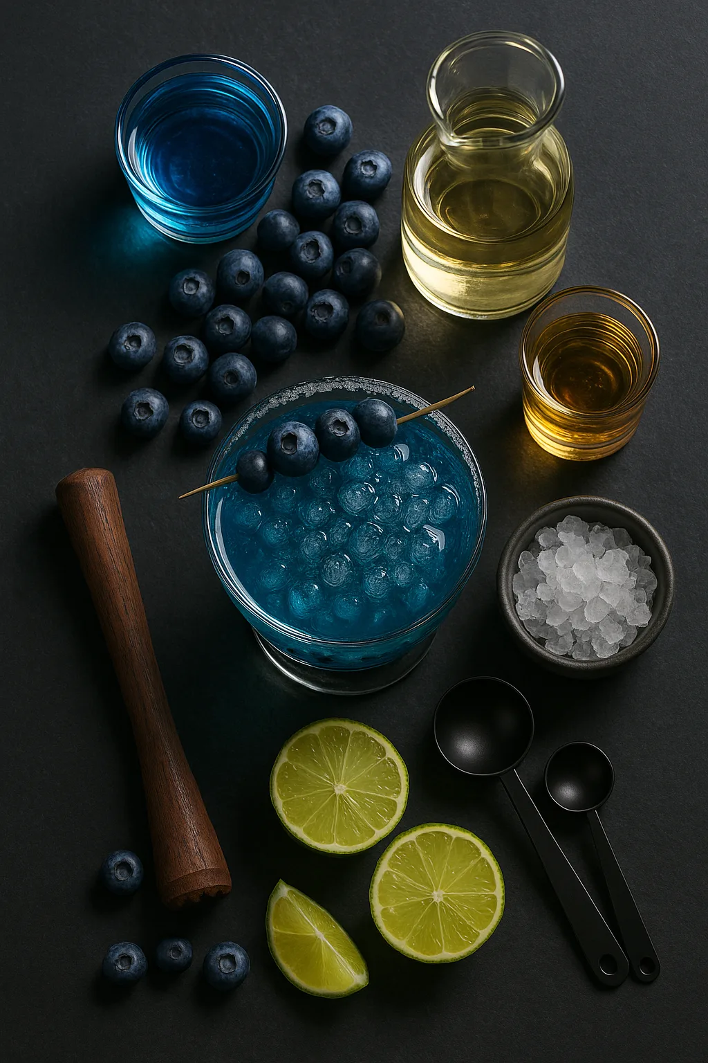 Top-down flat lay of Blueberry Blitz Margarita ingredients including blue curaçao, blueberries, tequila, orange liqueur, limes, crushed ice, muddler, and black measuring spoons on a dark slate background