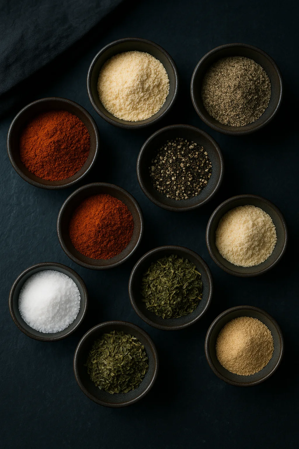 Overhead flat lay of Cajun seasoning ingredients arranged in small bowls on slate