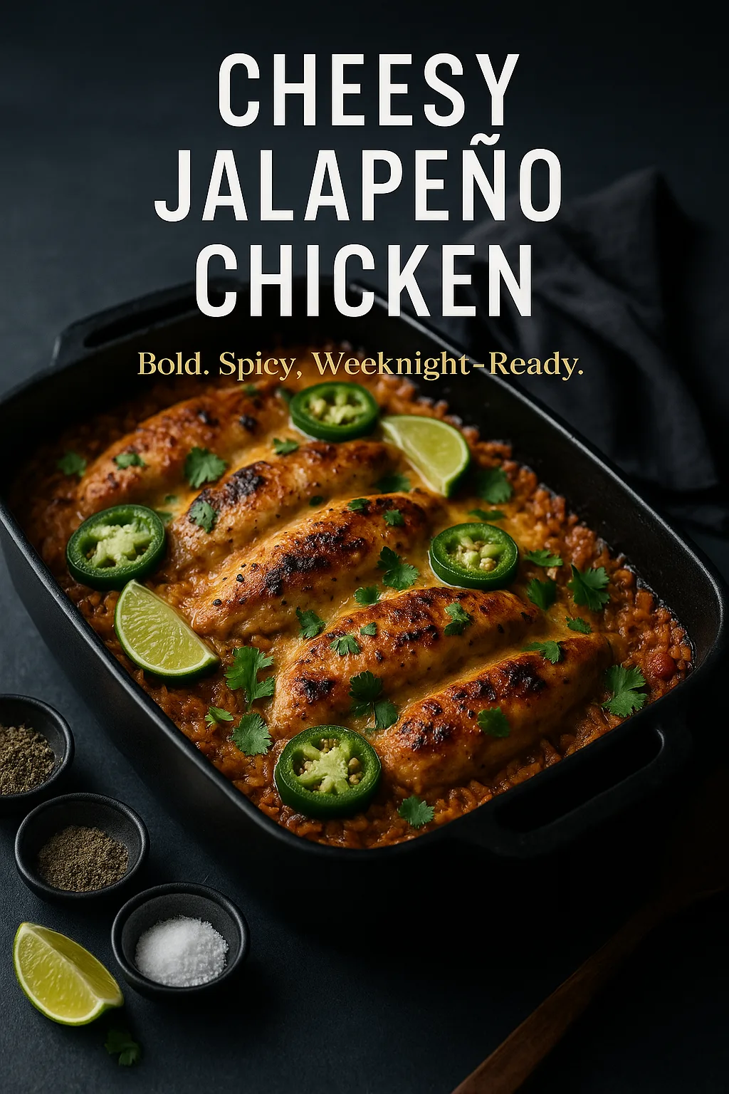 Cheesy Jalapeño Chicken in a cast iron dish, topped with melted cheese, jalapeños, and cilantro, with editorial magazine-style text overlay