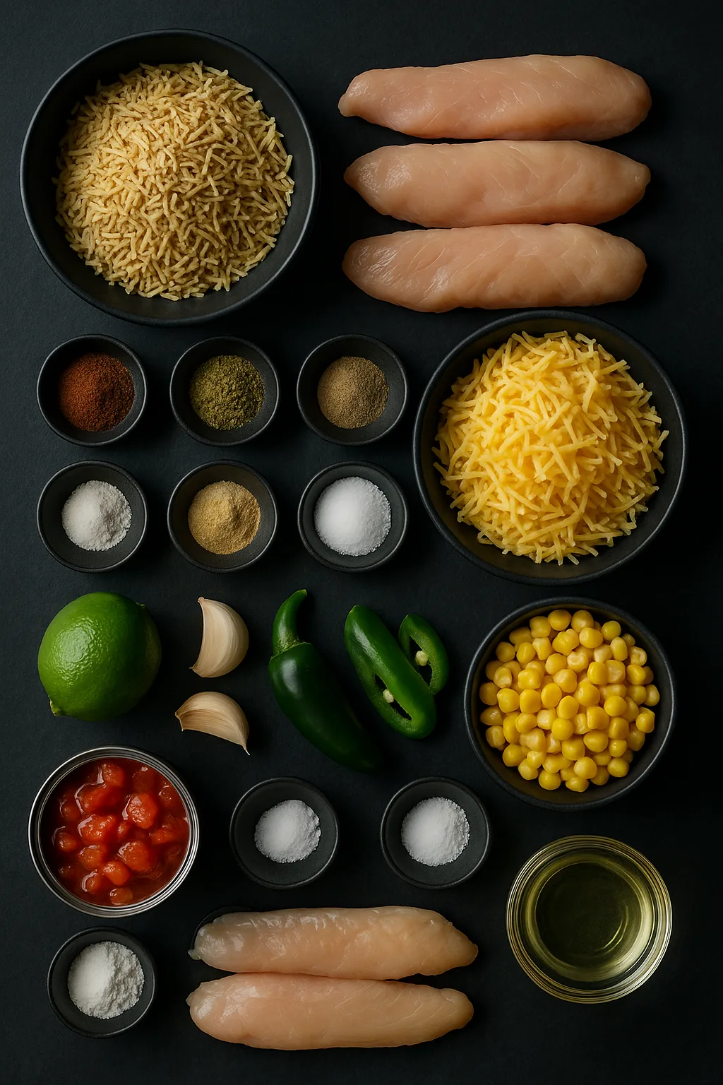 Ingredients for Cheesy Jalapeño Chicken laid out on dark slate background