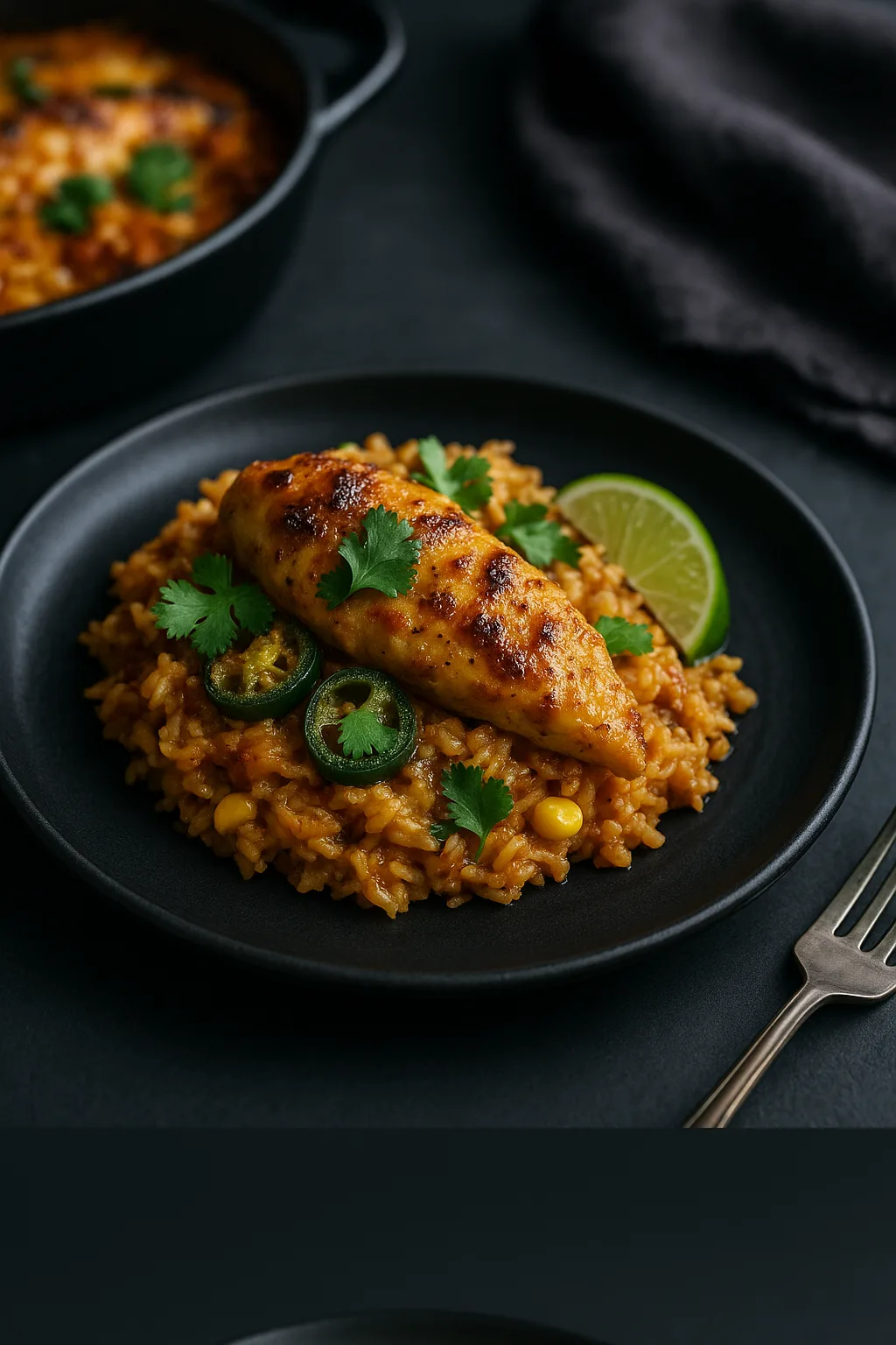 Cheesy Jalapeño Chicken served on a matte black plate with cilantro garnish