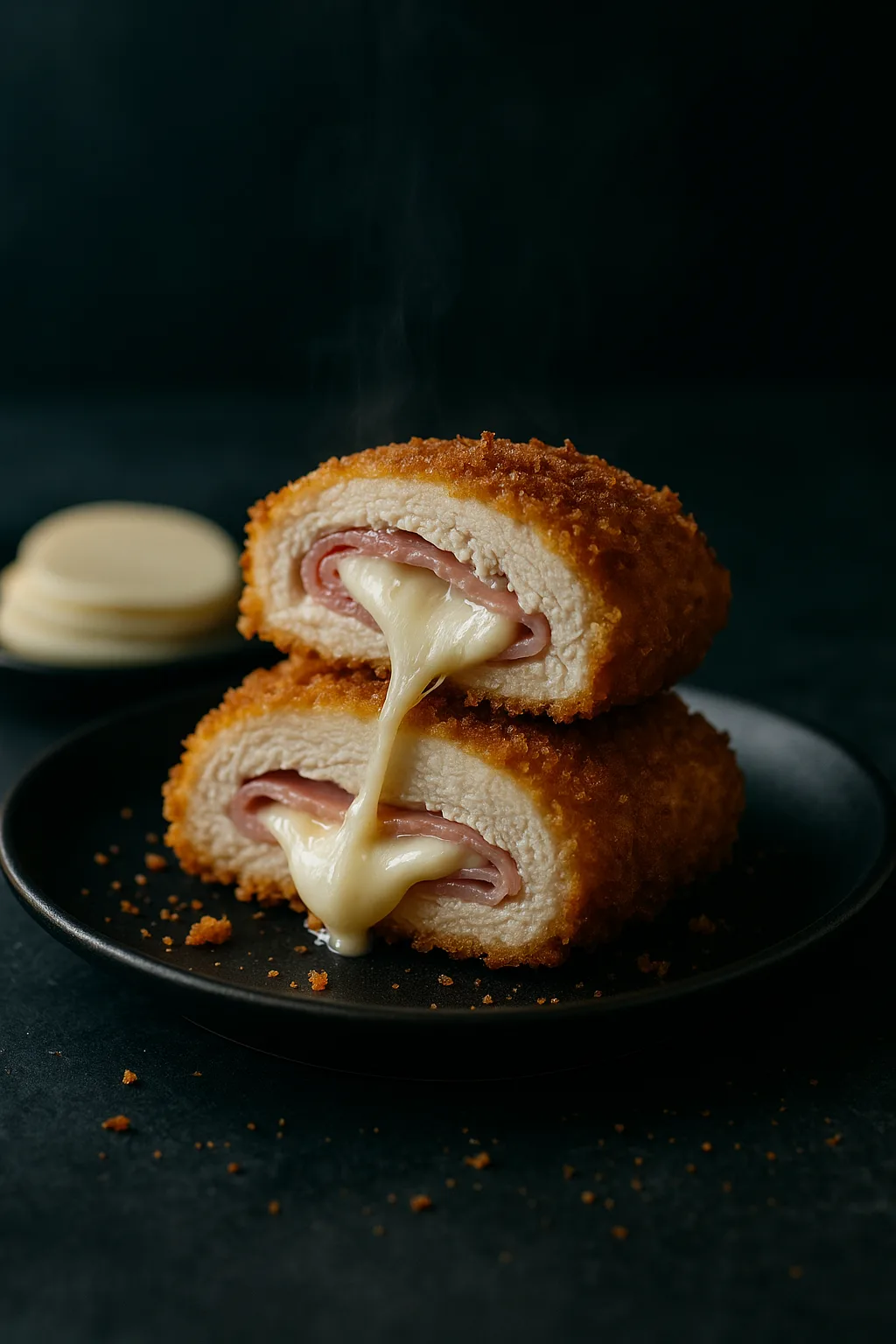 Golden crispy Chicken Cordon Bleu with mozzarella cheese filling on a dark slate background