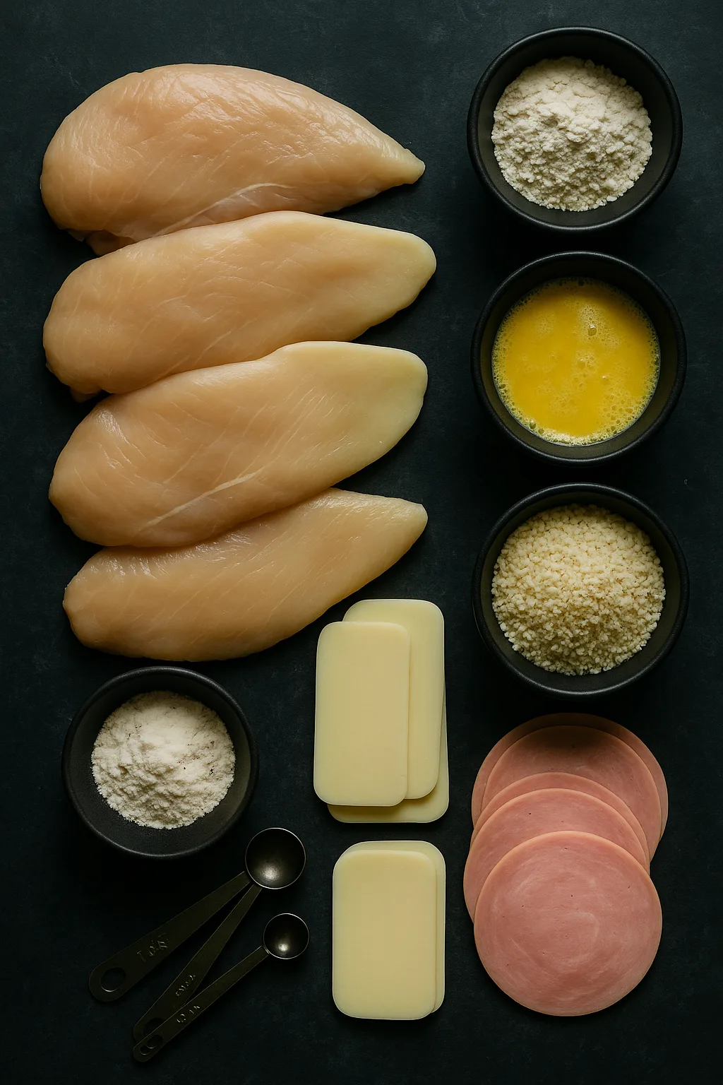 Flat lay of ingredients for Chicken Cordon Bleu including chicken breasts, mozzarella, ham, flour, eggs, and panko