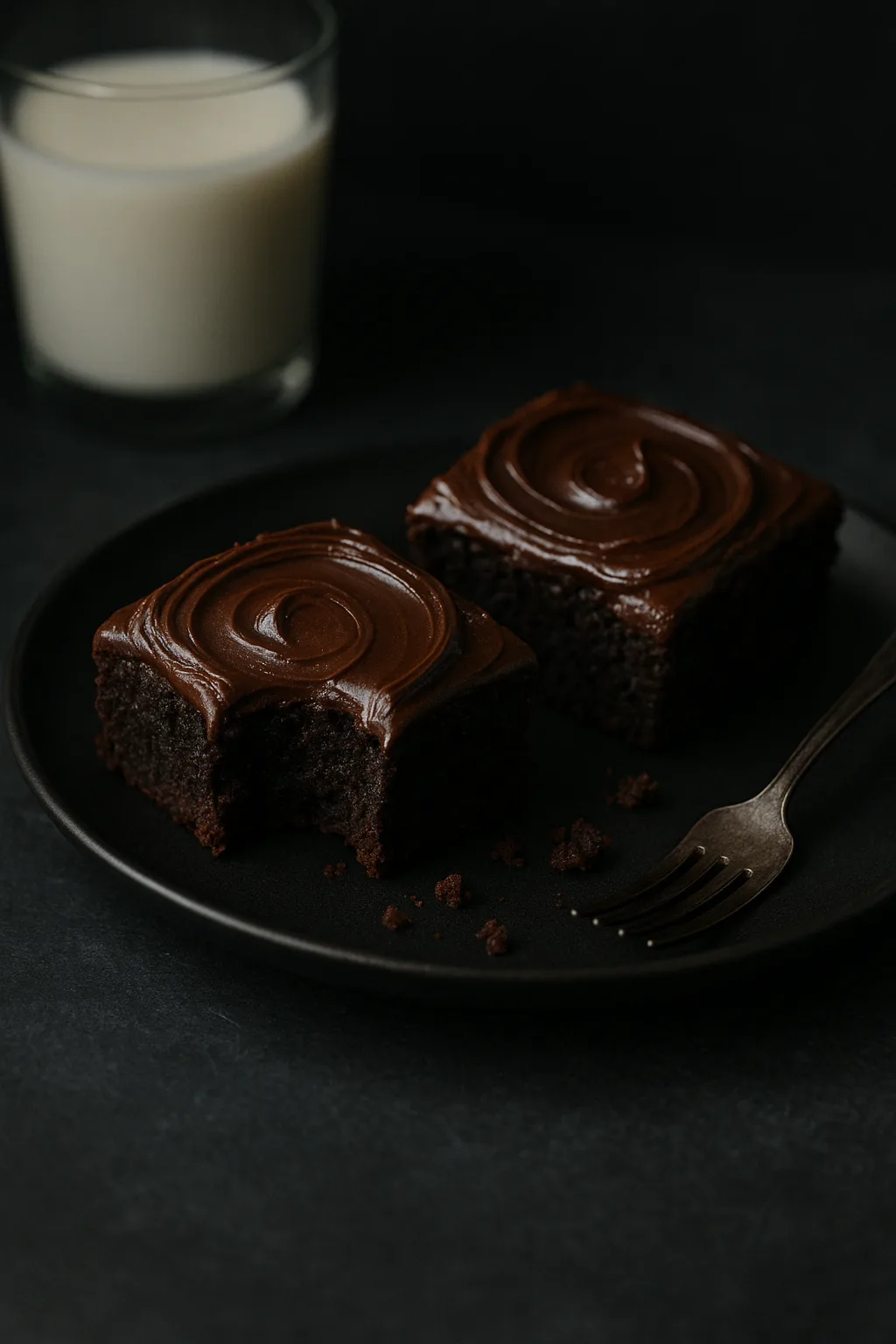 Chocolate frosting recipe spread thick on brownies served on dark slate plate