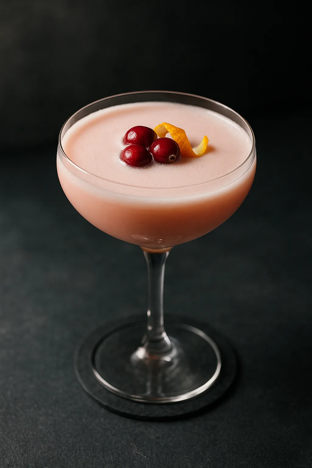 Coconut Berry Blossom cocktail in a coupe glass with cranberry garnish and citrus peel on dark slate surface