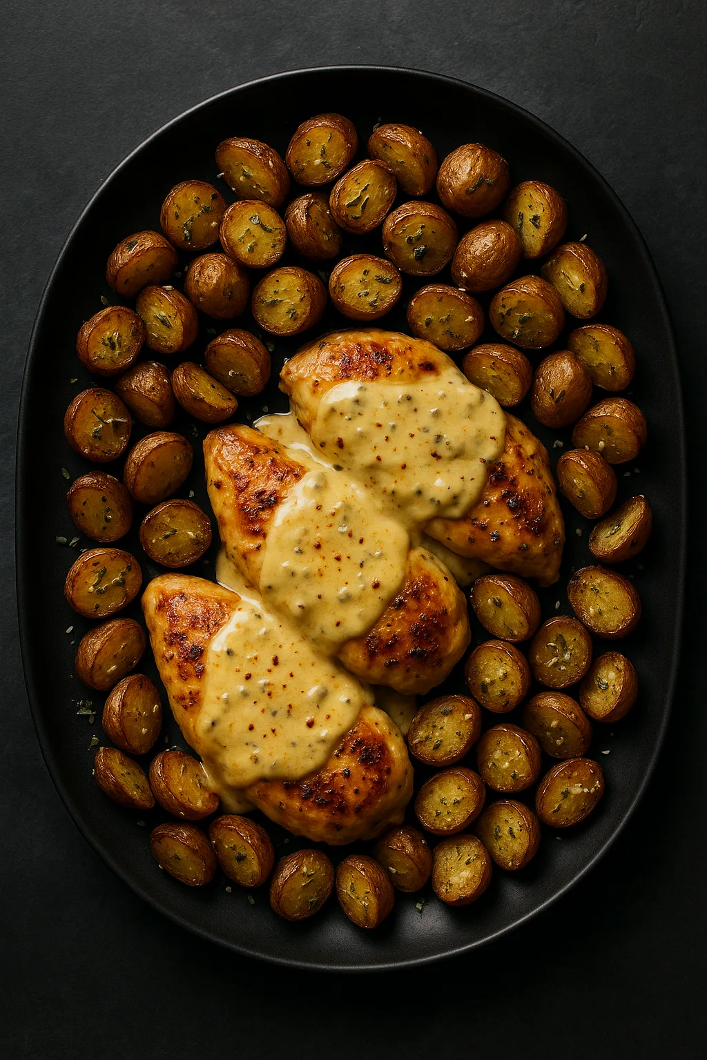 Overhead flat lay of creamy garlic dijon chicken with roasted baby potatoes on a matte black platter