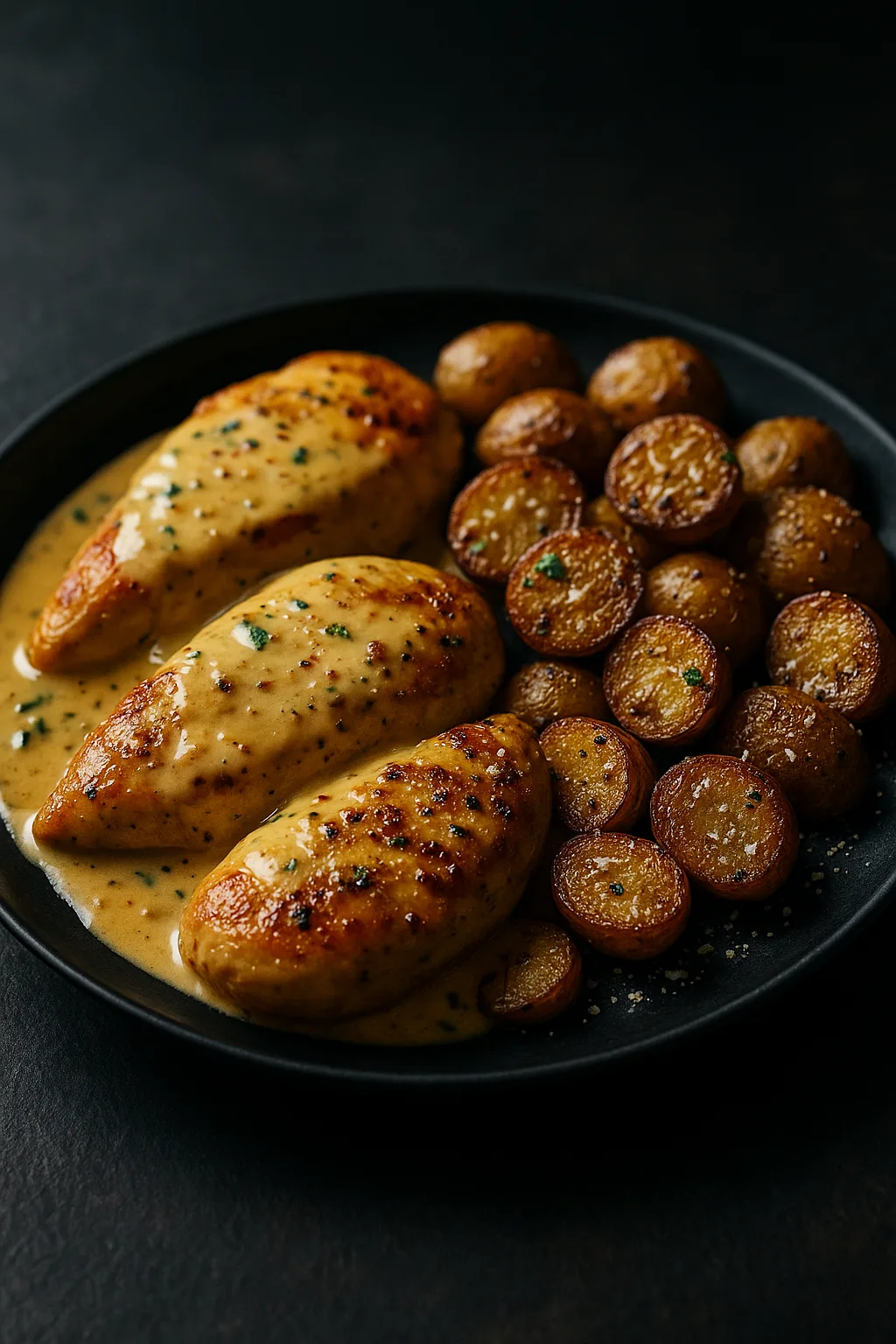 Creamy Garlic Dijon Chicken with roasted baby potatoes on a matte black plate with parmesan cream sauce