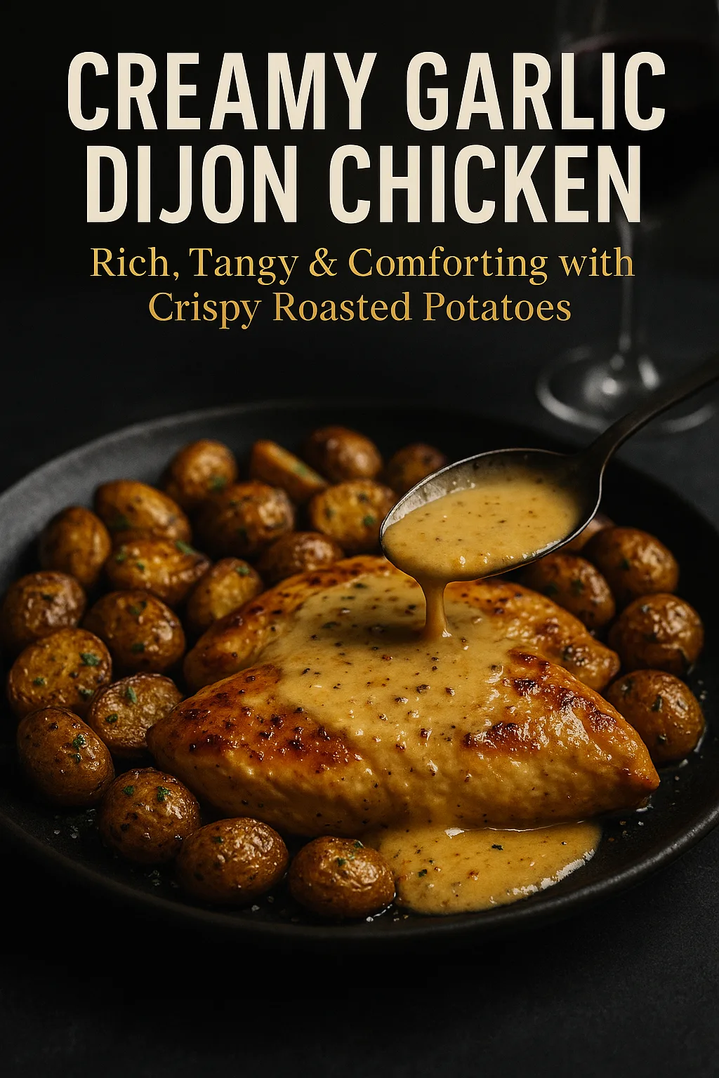 Editorial magazine cover featuring creamy garlic dijon chicken with roasted baby potatoes on a matte black platter