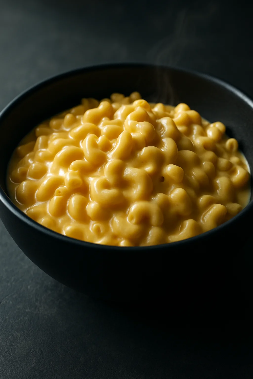 Creamy stovetop macaroni and cheese in a matte black bowl on a dark slate table
