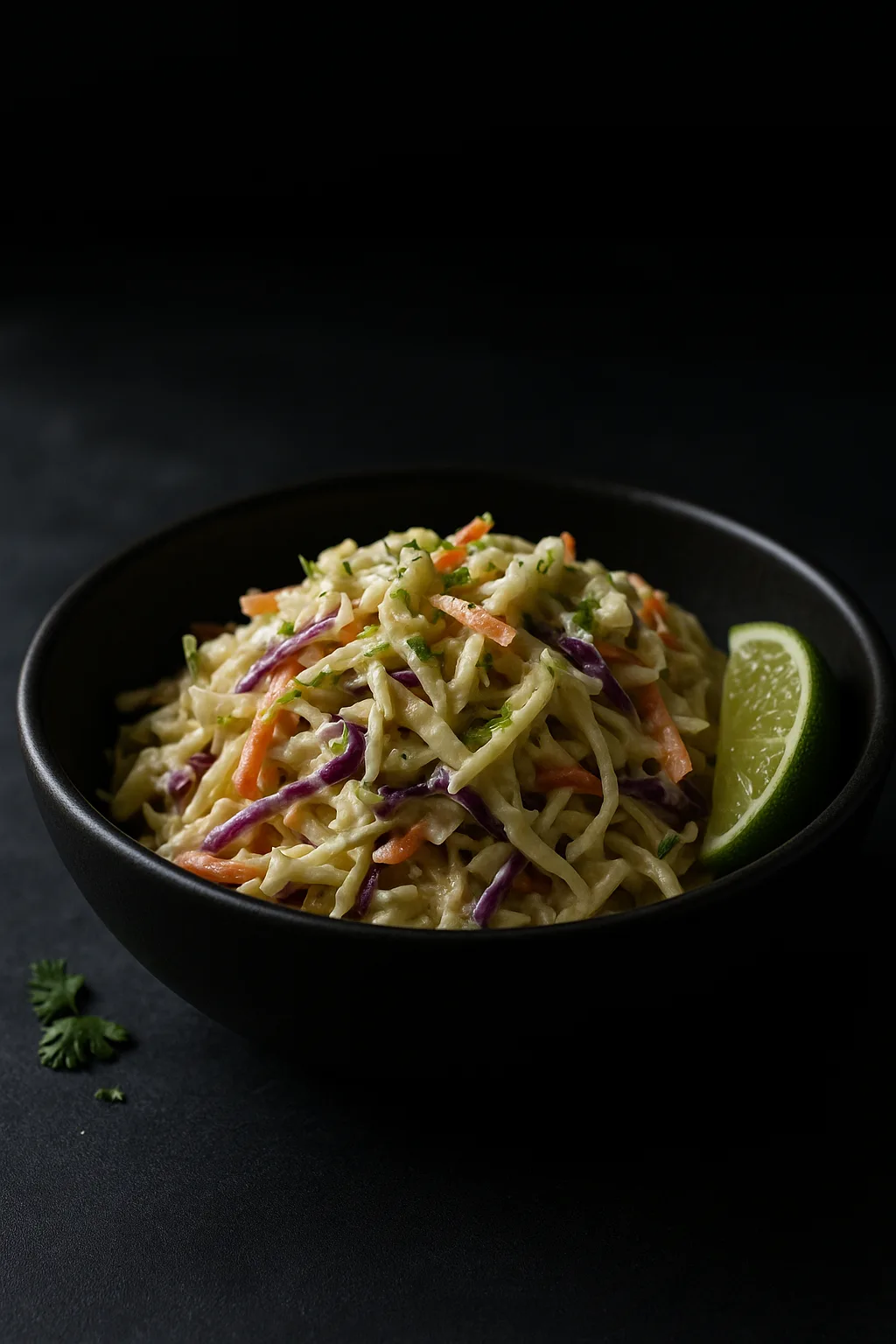 Crunchy slaw with creamy lime dressing served in a matte black bowl