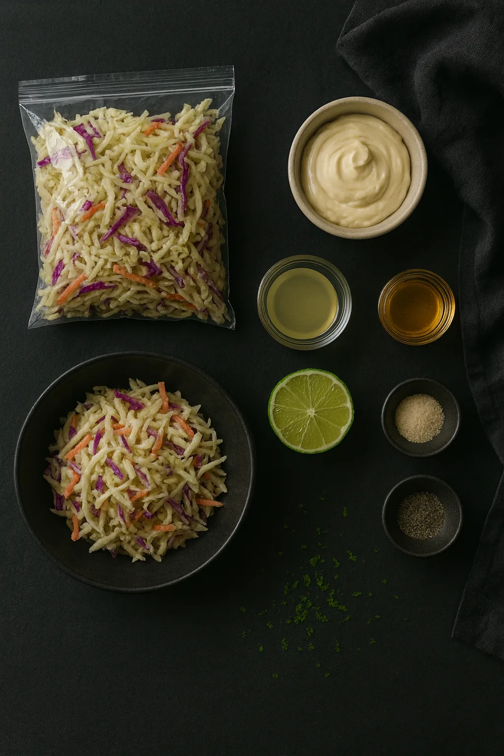 Flat lay of ingredients for crunchy slaw with creamy lime dressing on dark slate