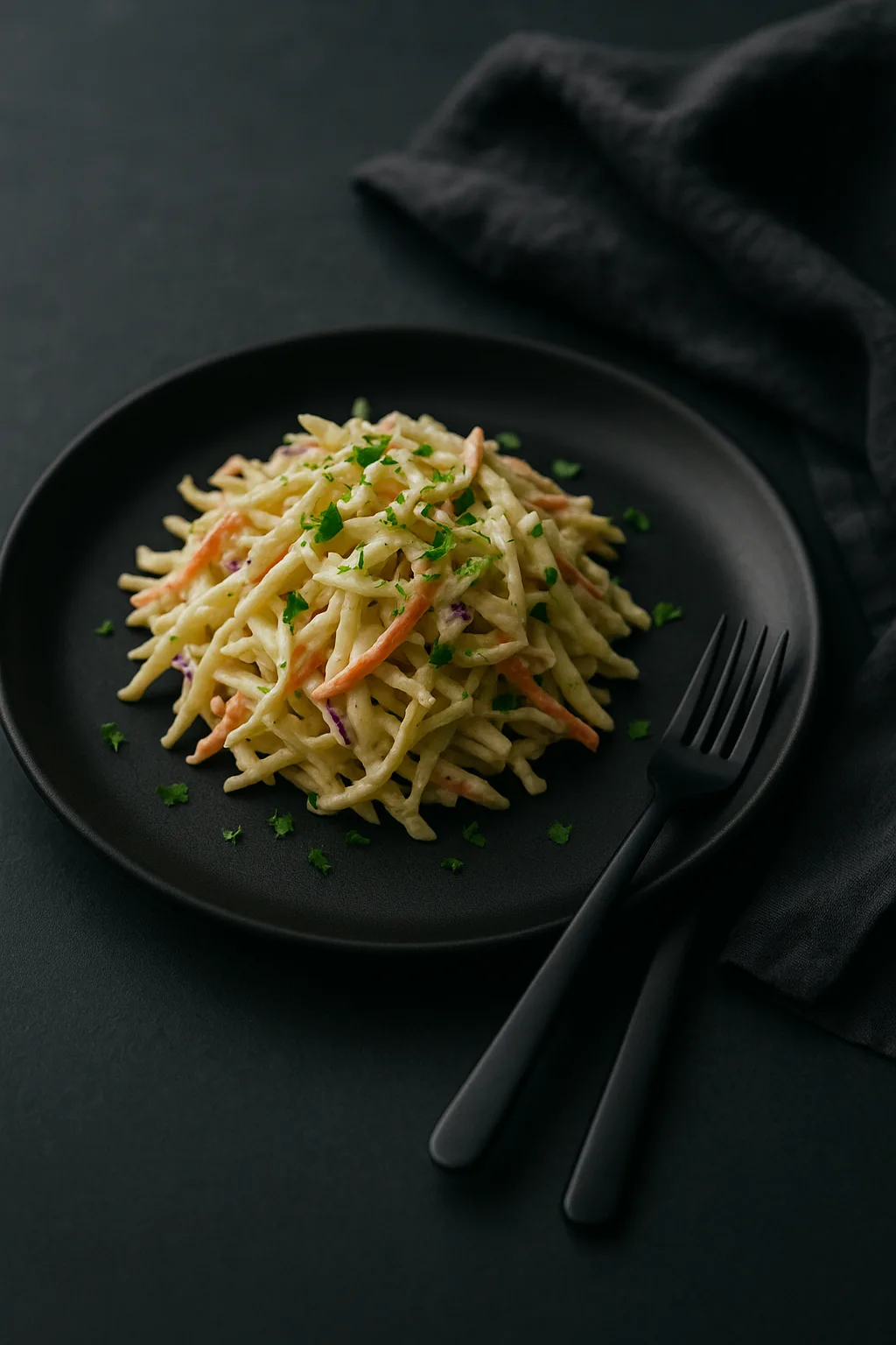 Crunchy slaw with creamy lime dressing served in a matte black ceramic bowl on a dark slate table