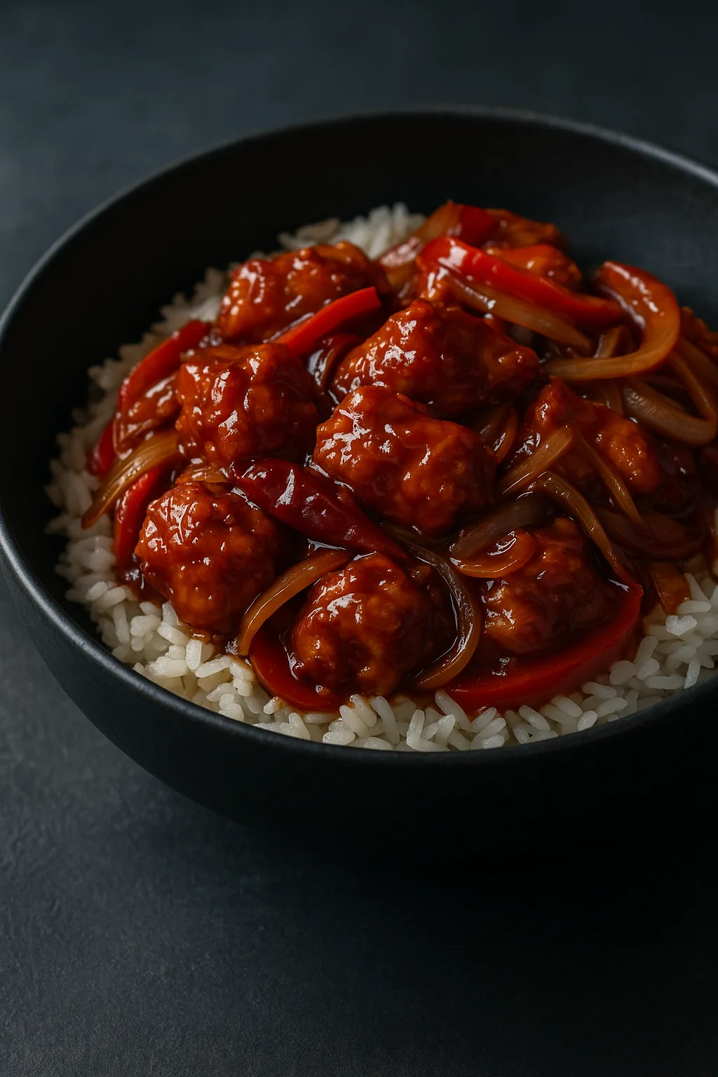 Dragon Chicken with Rice in a matte black bowl with peppers and onions