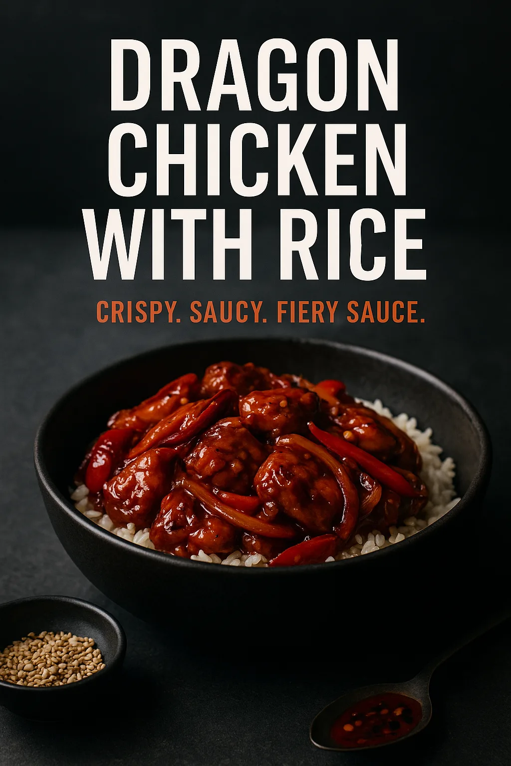 Food magazine cover featuring Dragon Chicken with Rice in a matte black bowl