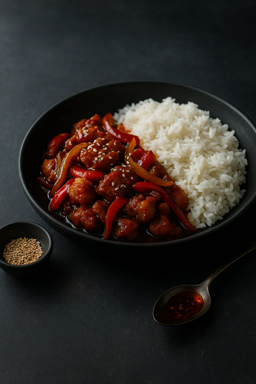 Serving scene of Dragon Chicken with Rice on a dark slate table