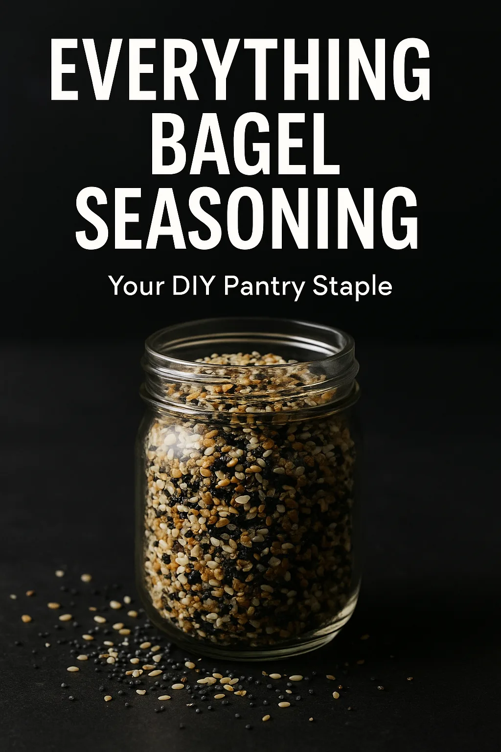Editorial magazine cover style photo of everything bagel seasoning in a jar on dark slate with bold white text overlay