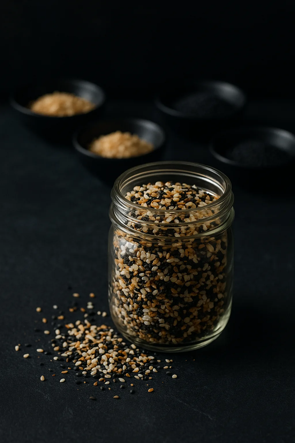 Everything bagel seasoning recipe in a mason jar with seeds spilled on dark slate