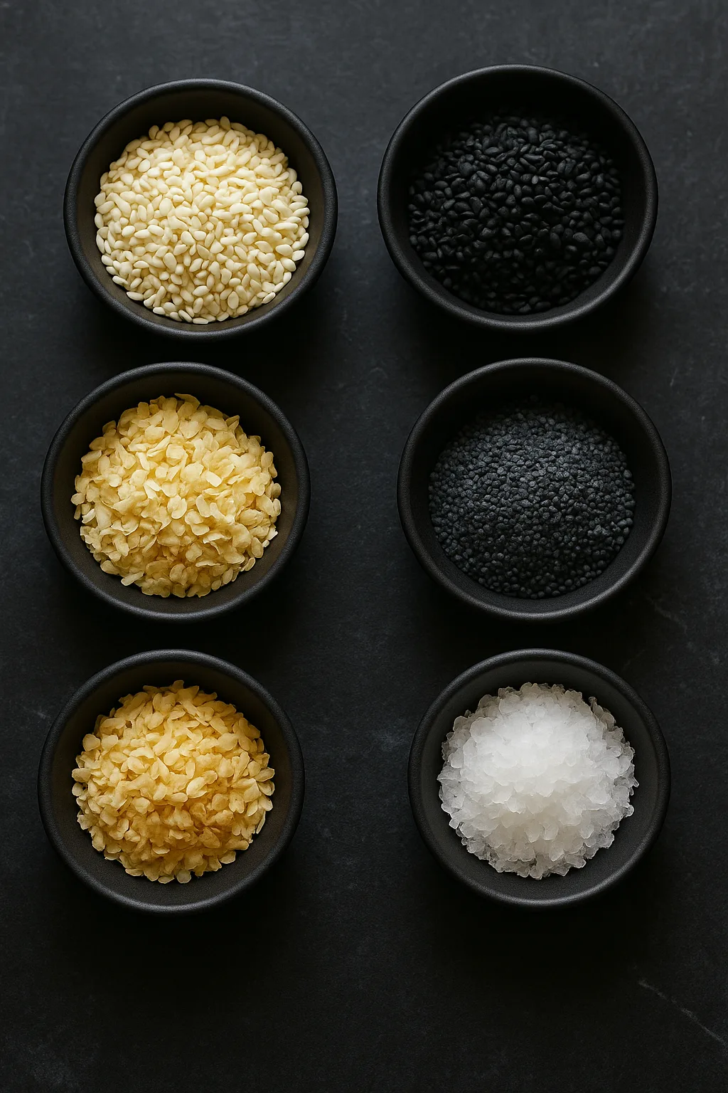 Flat lay of everything bagel seasoning ingredients in black bowls on dark slate