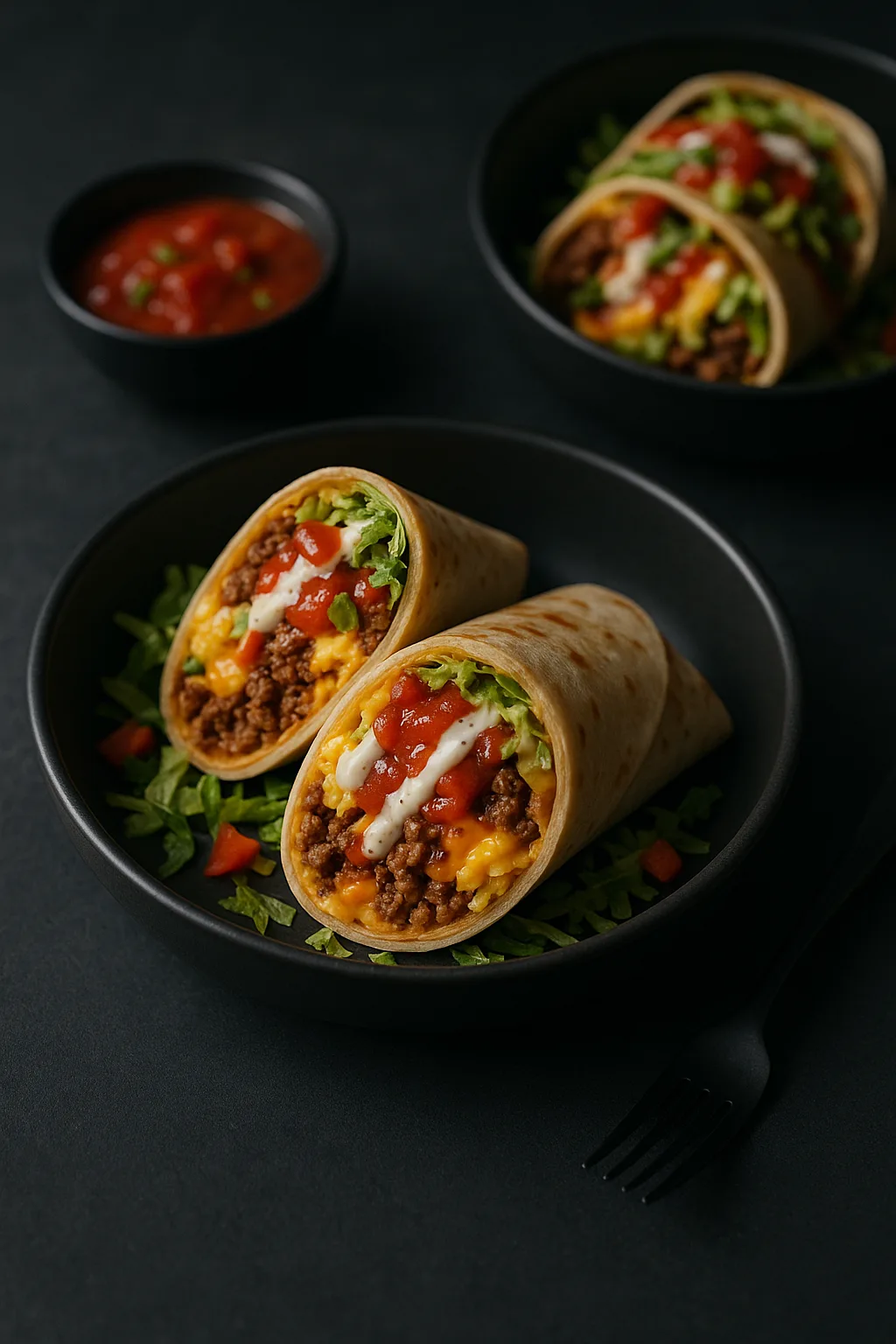 Fiesta Breakfast Wraps served on a dark slate table in matte black bowls with salsa and ranch on the side