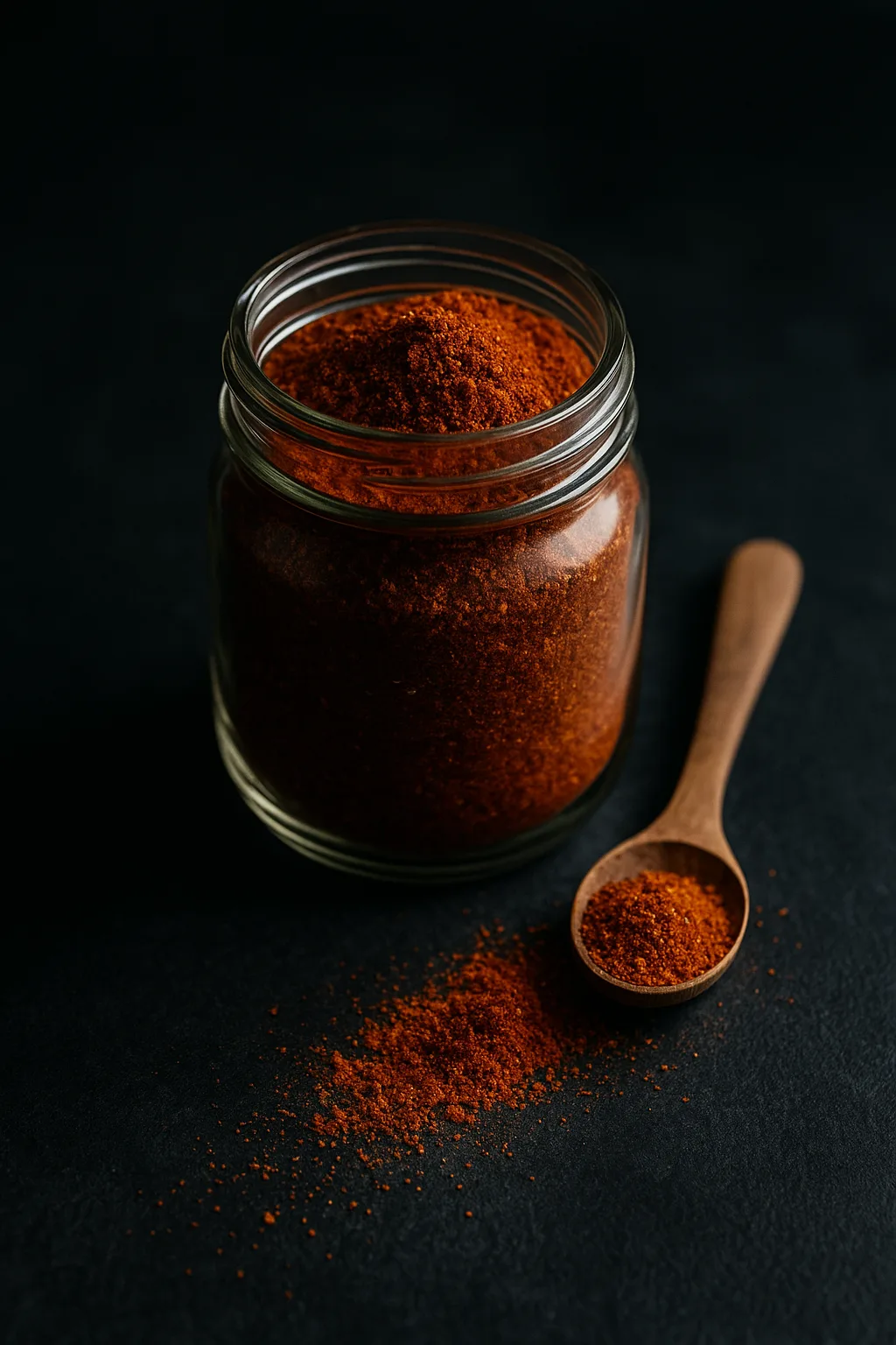 Homemade Cajun Seasoning in a rustic jar with wooden spoon on dark slate surface